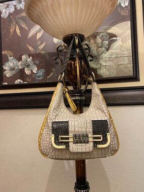 Guess Croc-Embossed Cream and Black Shoulder Bag with Gold Hardware